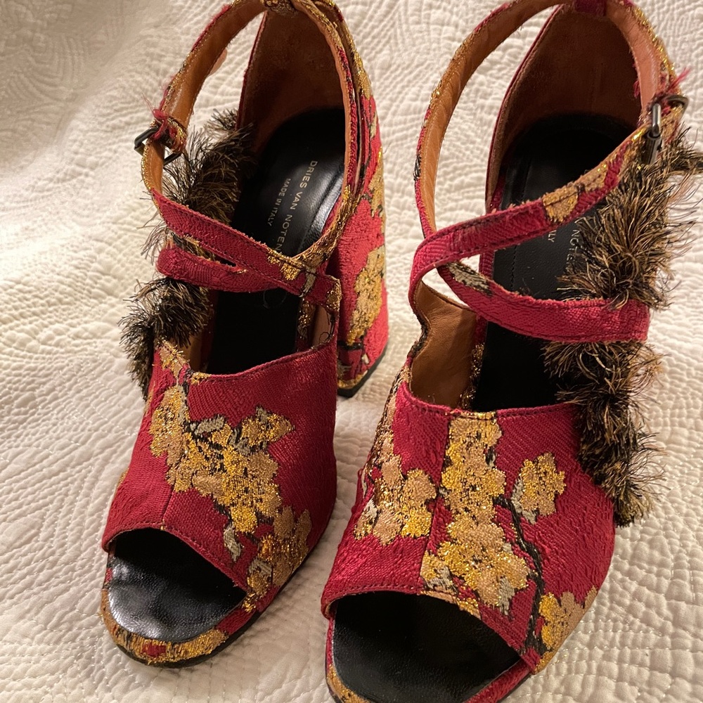 Dries van noten brocade print floral slingback sandal heels